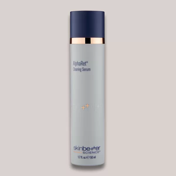 A high-resolution image of the AlphaRet Clearing Serum, 50 ml, with a custom-designed background and lighting that highlights the product’s sleek packaging and advanced formulation for reducing blemishes and enhancing skin clarity.