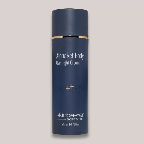 A high-resolution image of the AlphaRet Body Overnight Cream, 5 fl oz, highlighting the sleek and premium packaging. This body cream is designed with an advanced overnight formula that provides exfoliation, hydration, and anti-aging benefits for the skin.