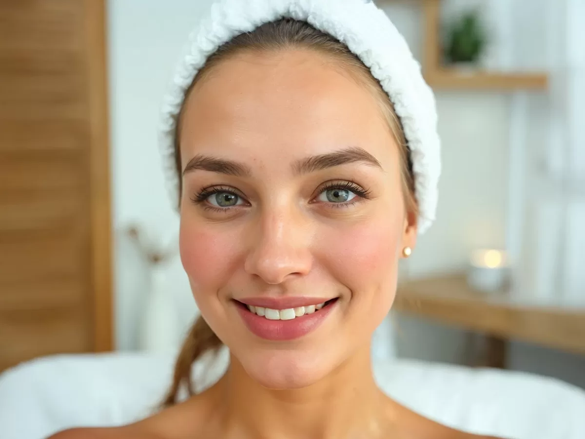 female with glowing, radiant skin in a spa-like setting