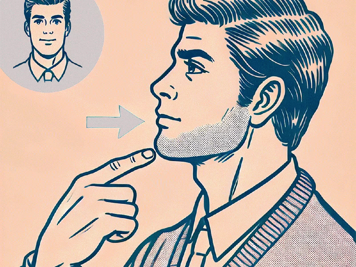 Mewing illustration of a male pointing to jaw