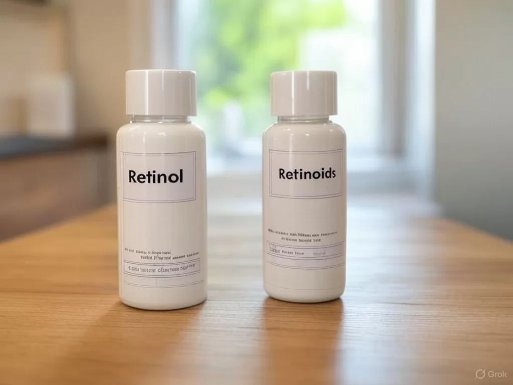 The image features a split background with a soft gradient, divided into two sections. On the left, labeled "Retinol," and on the right, labeled "Retinoids".