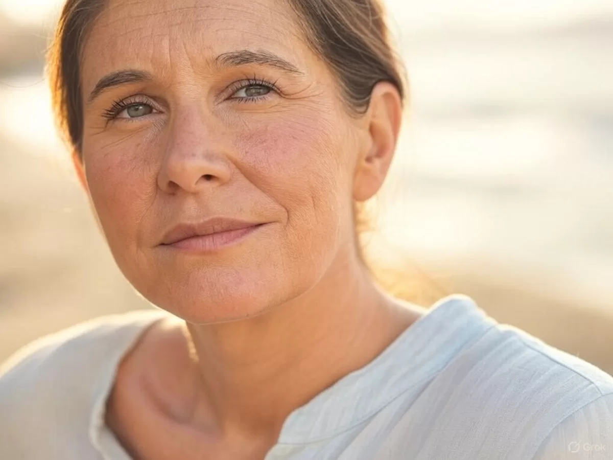 a female model with visible skin glycation and aging skin. The image shows a close-up of her face, highlighting fine lines, wrinkles, and uneven texture on her skin, illuminated by soft natural light.