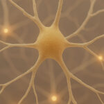 Digital artwork of a neuron cell network featuring golden, branching neuron structures with glowing synapse points, set against a soft, warm beige background—symbolizing regenerative skin treatments and cellular communication.
