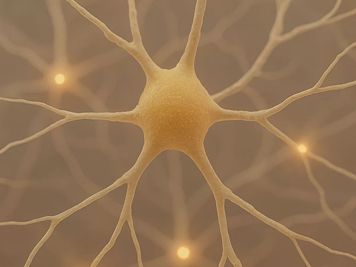 Digital artwork of a neuron cell network featuring golden, branching neuron structures with glowing synapse points, set against a soft, warm beige background—symbolizing regenerative skin treatments and cellular communication.