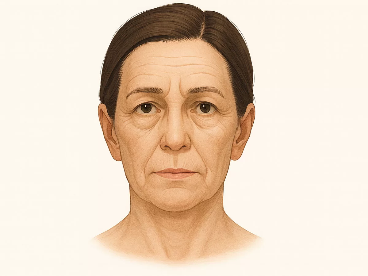 Illustration of a middle-aged woman’s face showing common wrinkle areas