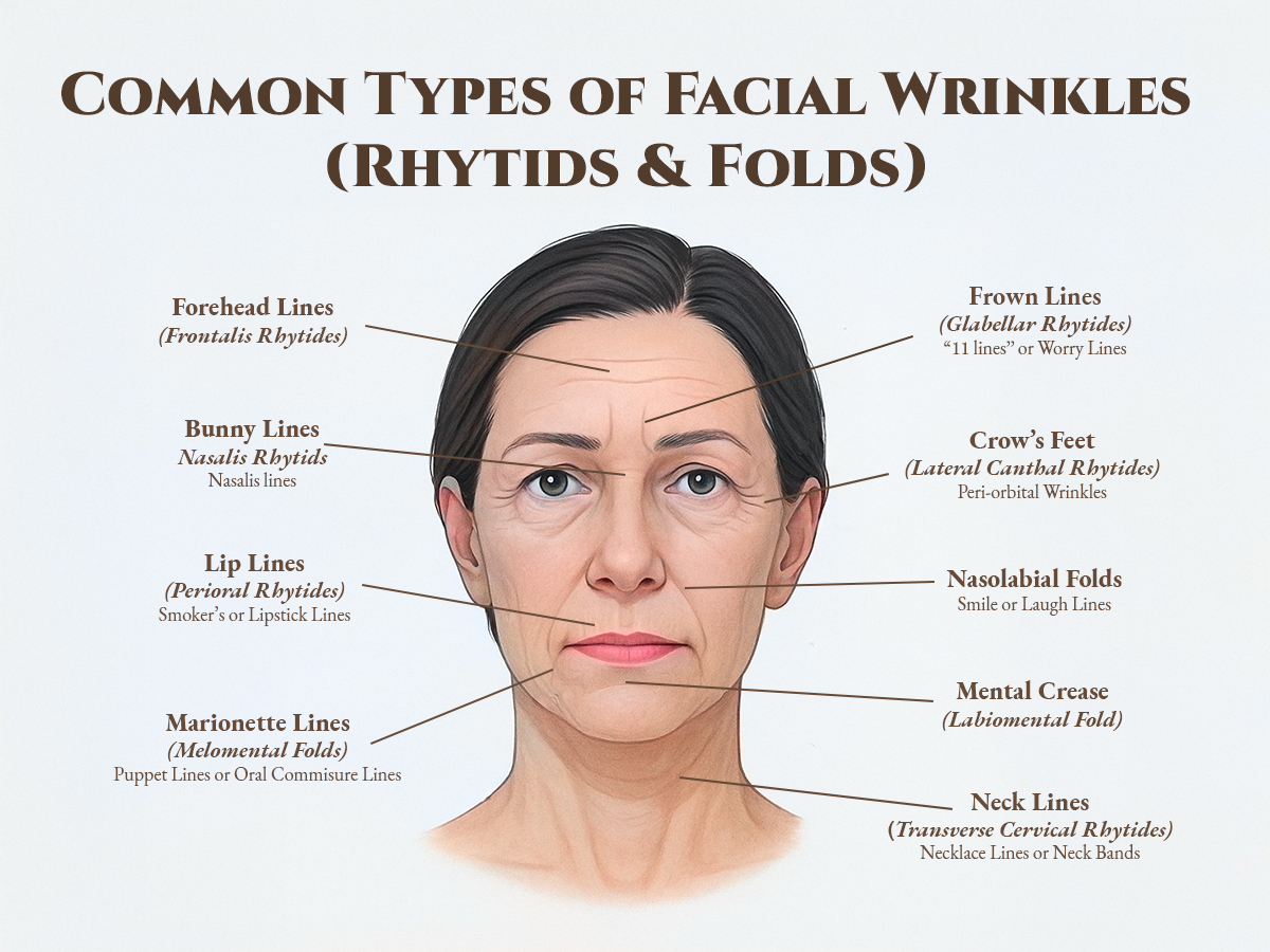 Illustration of a middle-aged woman’s face showing common wrinkle areas including forehead, frown, eye, lip, and neck lines.
