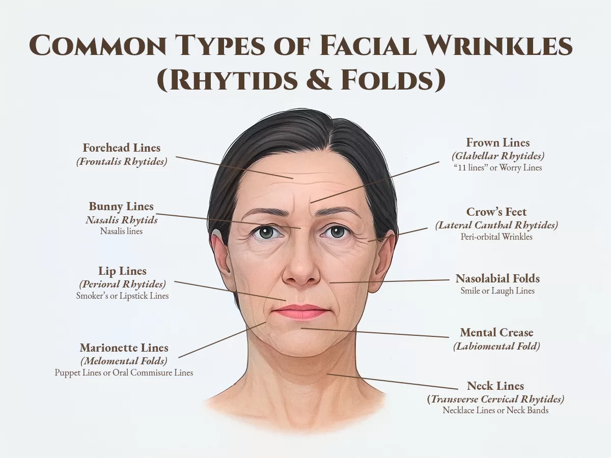 Illustration of a middle-aged womanโs face showing common wrinkle areas including forehead, frown, eye, lip, and neck lines.